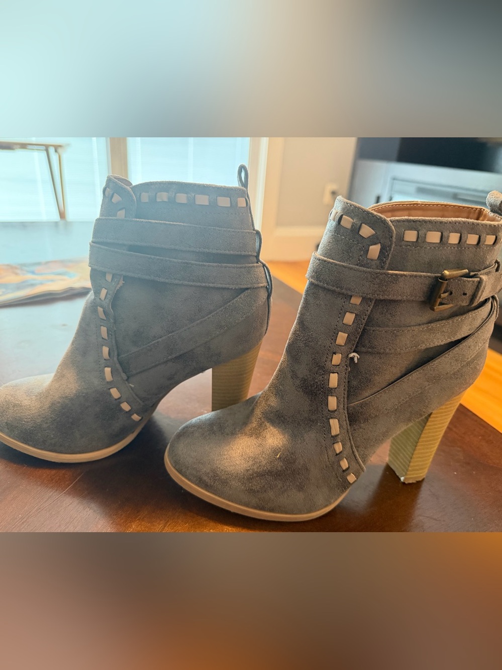 VENUS Gray Suede Ankle Booties with Buckle Strap
